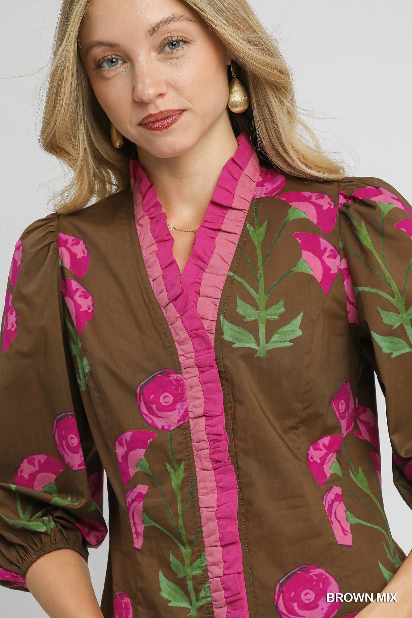 Umgee - Top - Floral Print Ruffle - Brown Mix