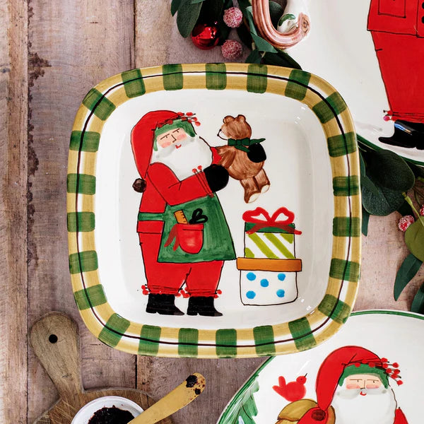 Vietri - Old St. Nick with Teddy Bear - Small Rimmed Square Platter