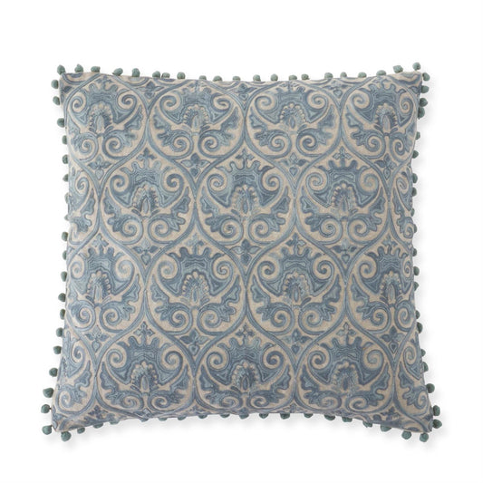 Pillow - Embroidered 20in - Blue Gray Crest - Pompom Trim - Findlay Rowe Designs