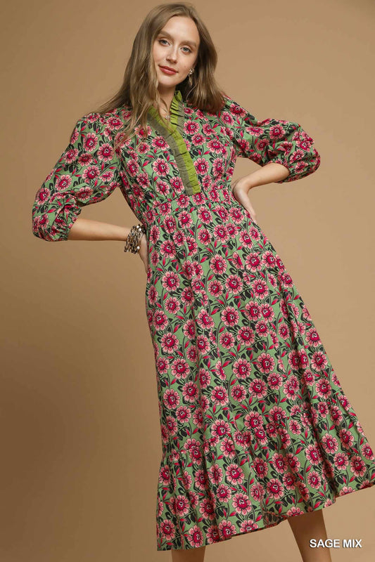Umgee - Dress - Floral Ruffle Midi - Sage Mix