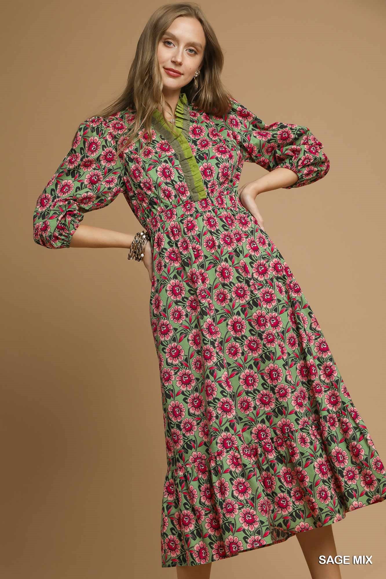 Umgee - Dress - Floral Ruffle Midi - Sage Mix