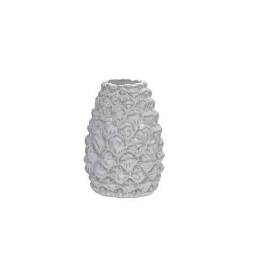 Taper Holder - Stoneware Pinecone - White