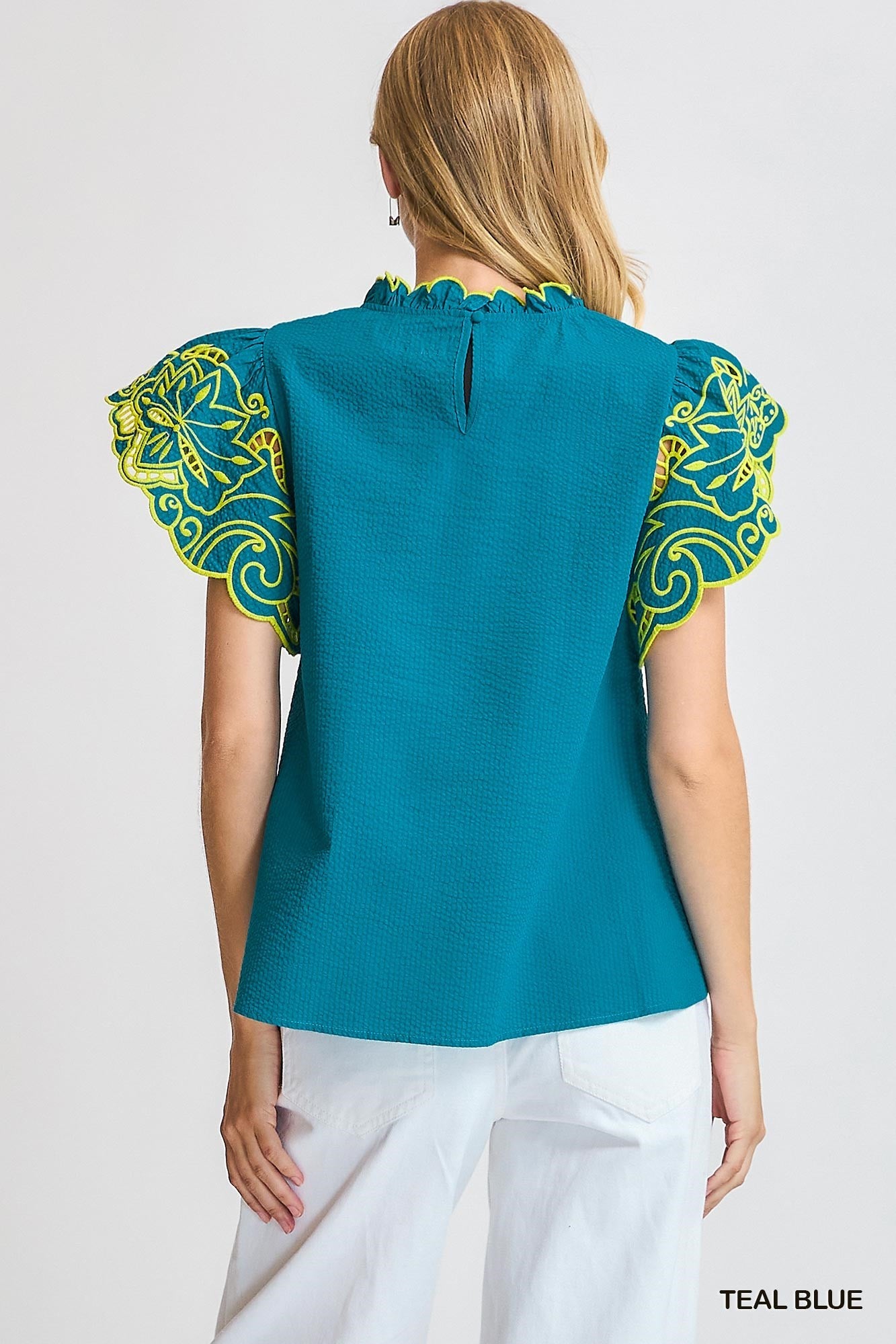 Umgee - Top - Embroidered Flutter Sleeve Blouse - Hot Pink