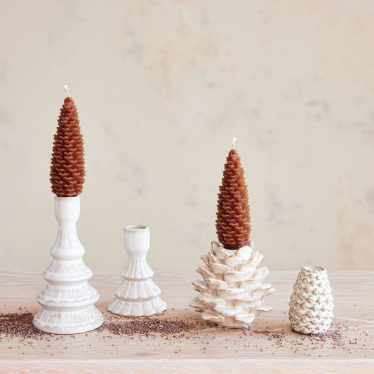 Taper Holder - Stoneware Tree Shaped - White