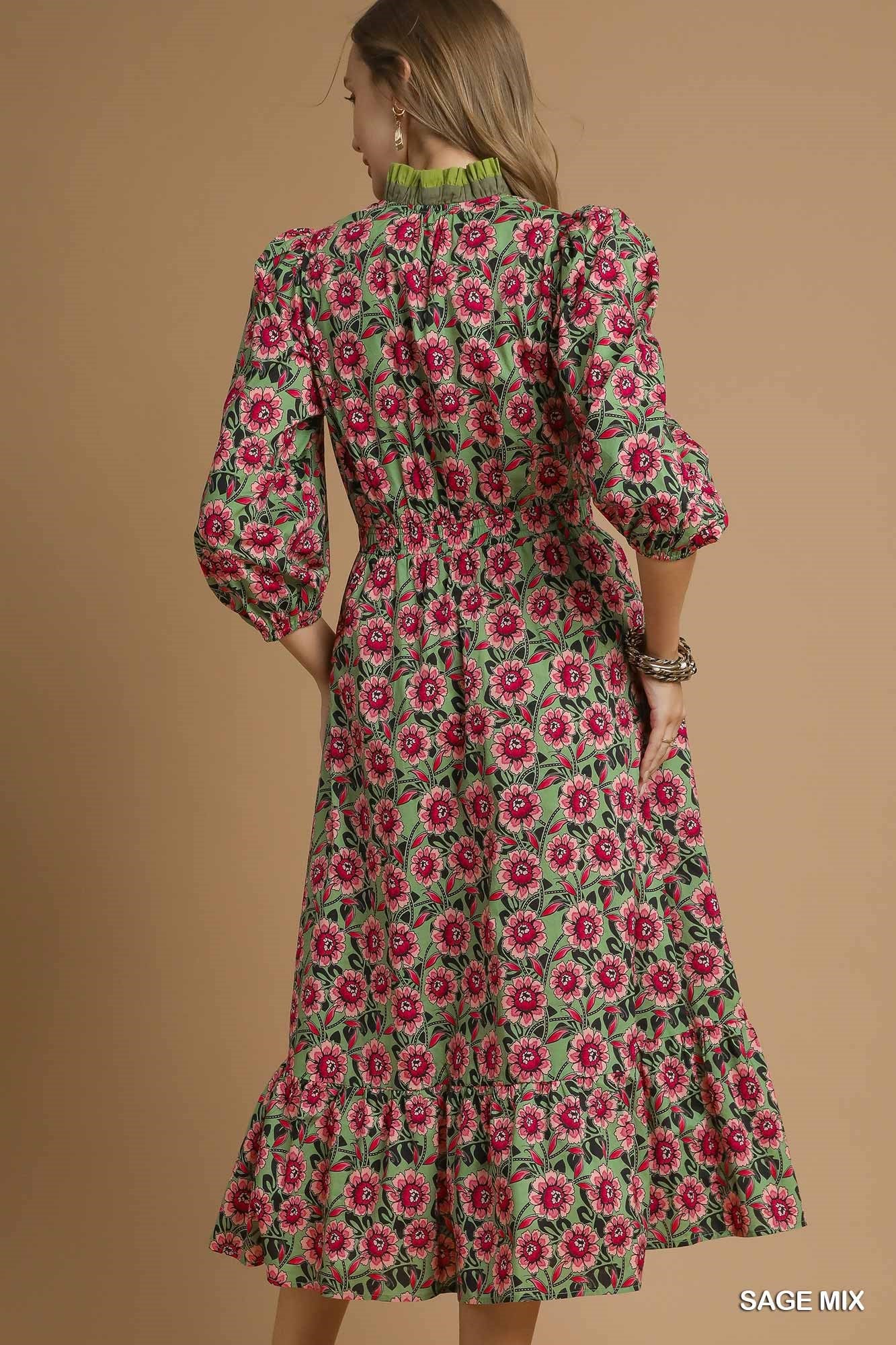 Umgee - Dress - Floral Ruffle Midi - Sage Mix