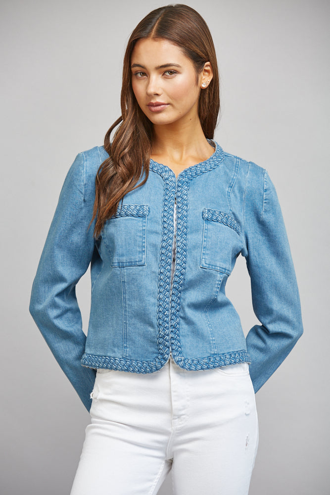 Top - Jean Jacket - Braided Trim - Denim - Findlay Rowe Designs