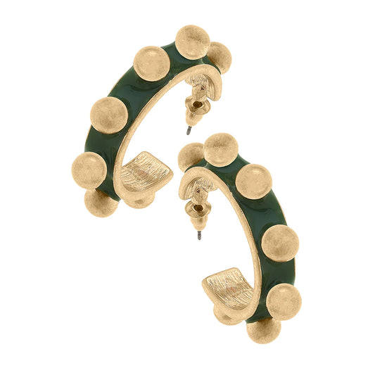 Jenna Chunky Enamel Studded Metal Hoop Earrings in Green