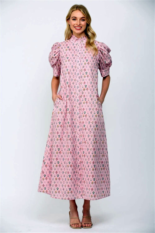 Dress - Midi Puff Sleeve - Pink Meadow - Findlay Rowe Designs