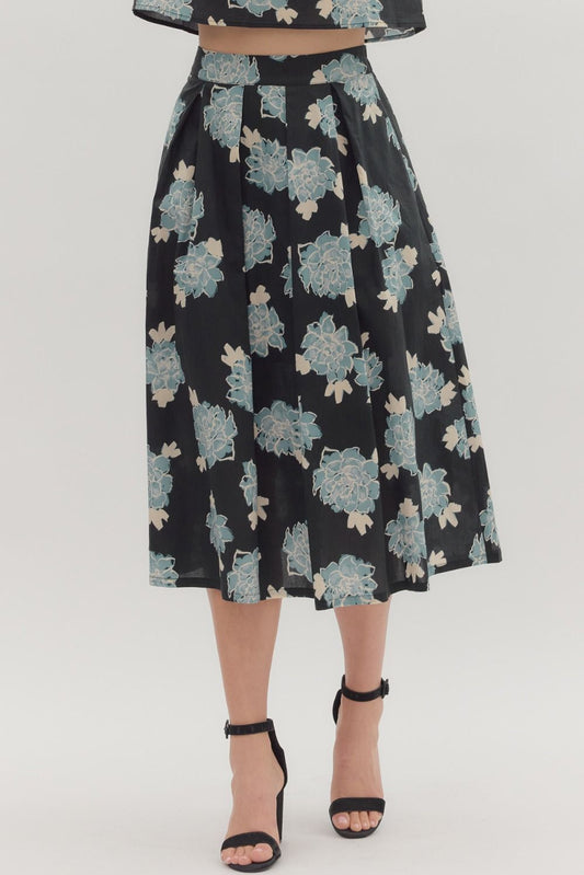 Skirt - Floral Print Midi - Black - Findlay Rowe Designs