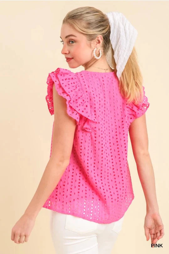 Umgee - Top - Lined V-Neck Eyelet Top Flutter Sleeves - Pink - Findlay Rowe Designs