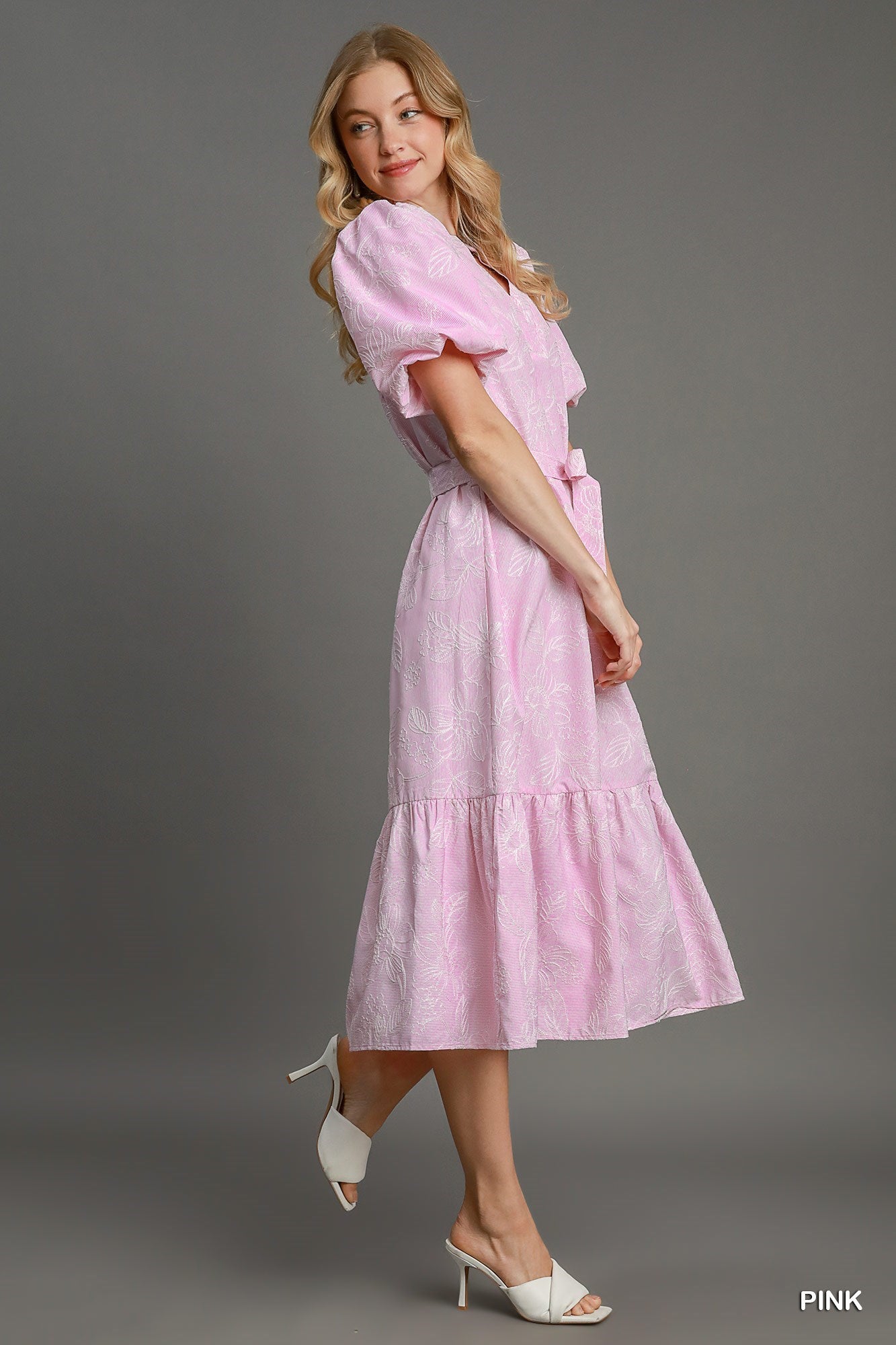 mgee - Top - Lined V-Neck Eyelet Top Flutter Sleeves - Pink