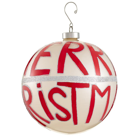Ornament - 6" Merry Christmas Glass Ball - White Red