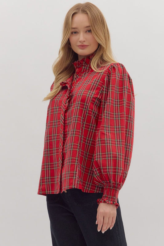 Top - Long Sleeve Plaid Ruffle - Red