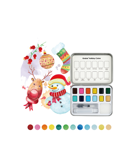 Grabie - Watercolor Pocket Set Of 12 With Brush - Holiday Colors - Findlay Rowe Designs