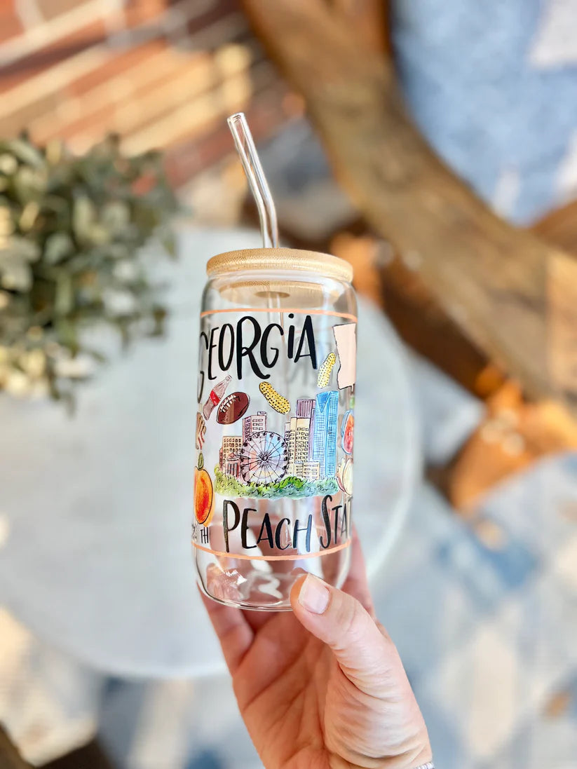 Happy by Rachel - 16 oz Glass Cup Bamboo Lid - State of Georgia - Findlay Rowe Designs