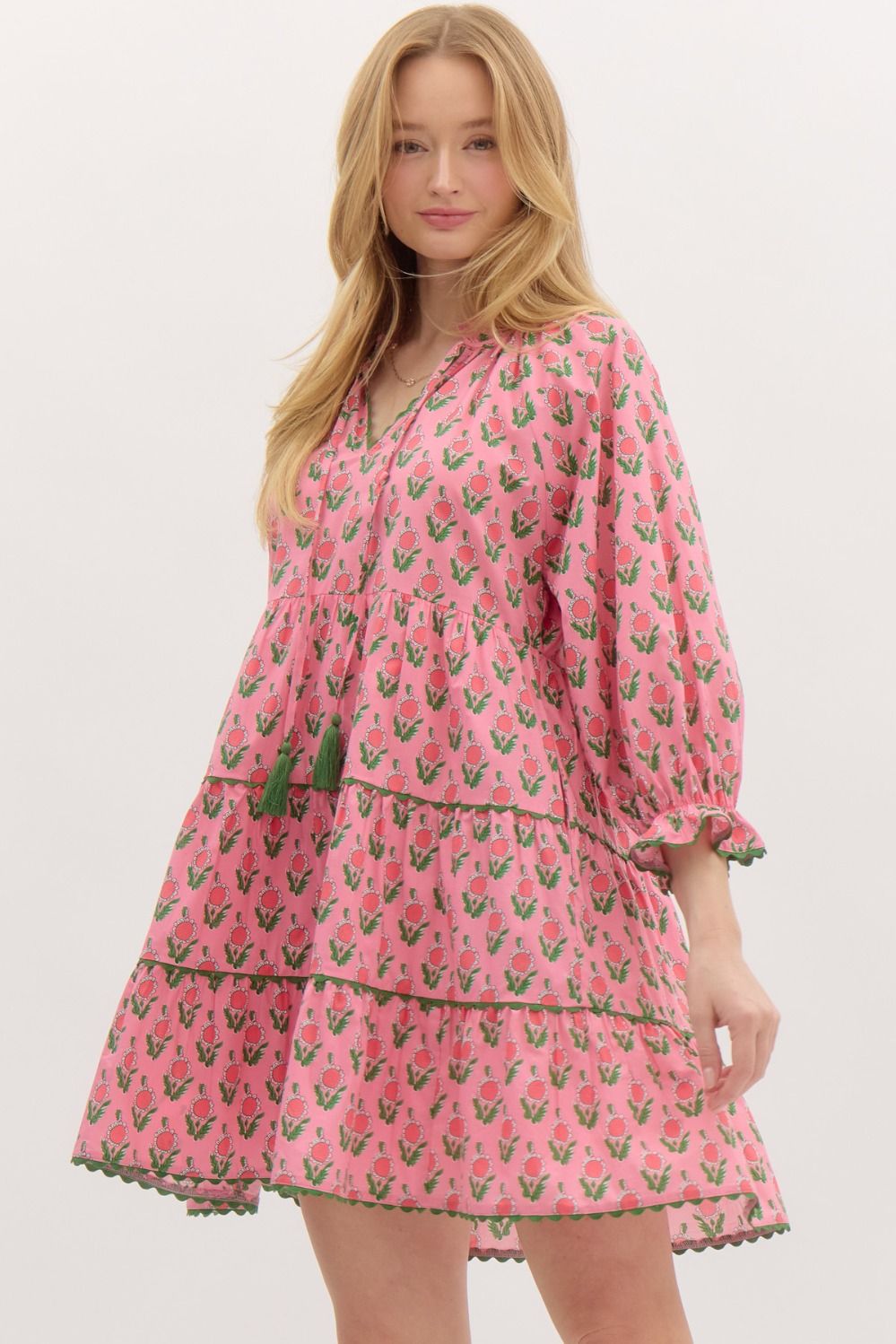 Dress - Pink Tiered Print - Scallop Trim Inset - Findlay Rowe Designs