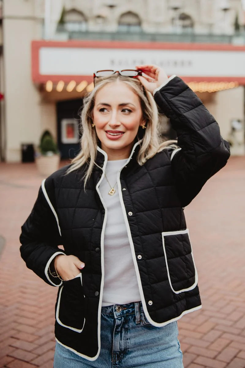 Katydid - Black Quilted Jacket - White Trim