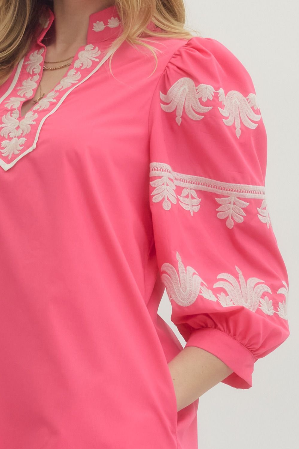 Entro - Dress Mini - 3/4 Sleeve Embroidered - Pink - Findlay Rowe Designs