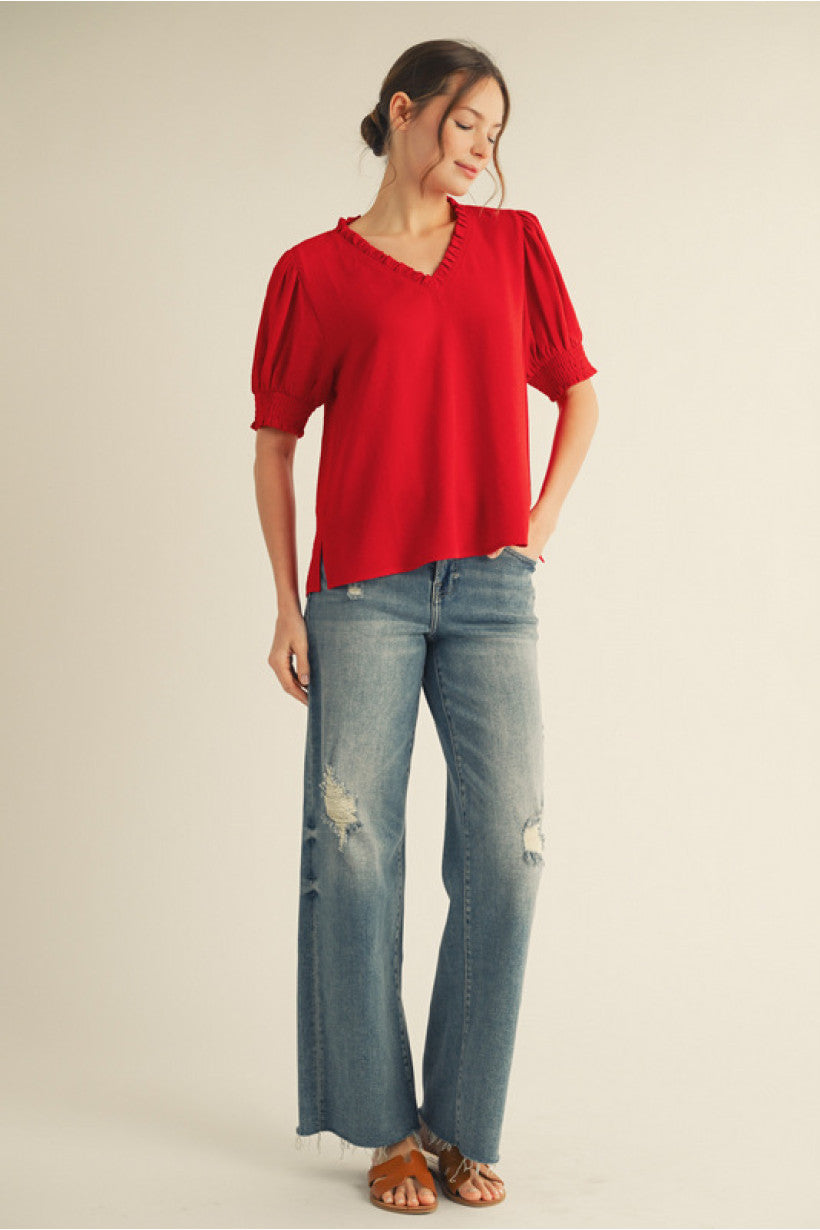 Top - Puff Sleeve V-neck - Tomato Red