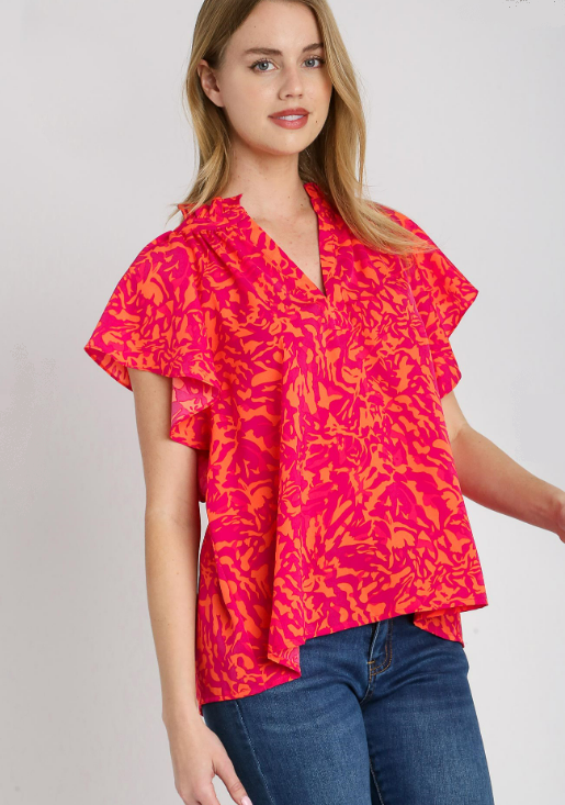 Umgee- Orange Two Tone Abstract Print Top with Ruffle Sleeve and Ruffle Neck