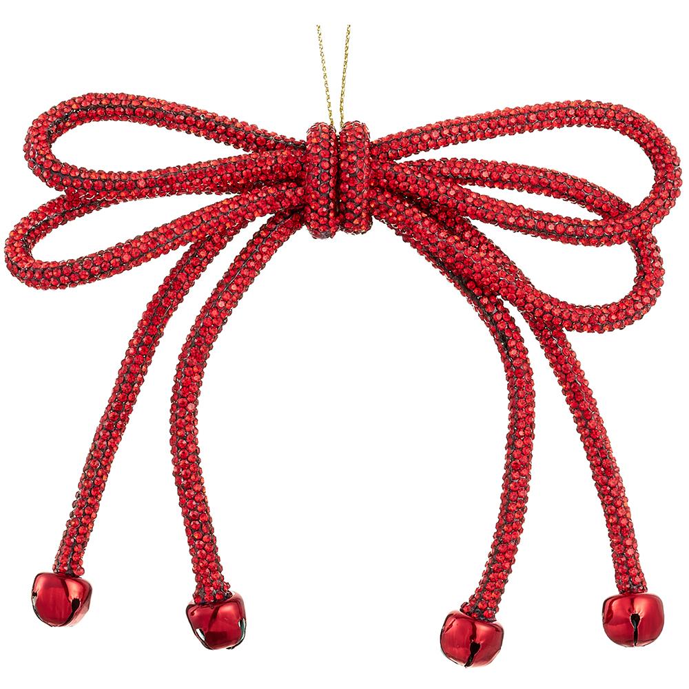 Ornament - 5.5" Sparkle Bow - Red Bells