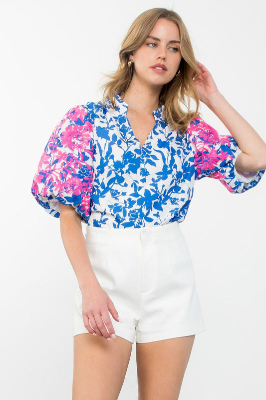 THML- Puff Sleeve Pink and Blue Top
