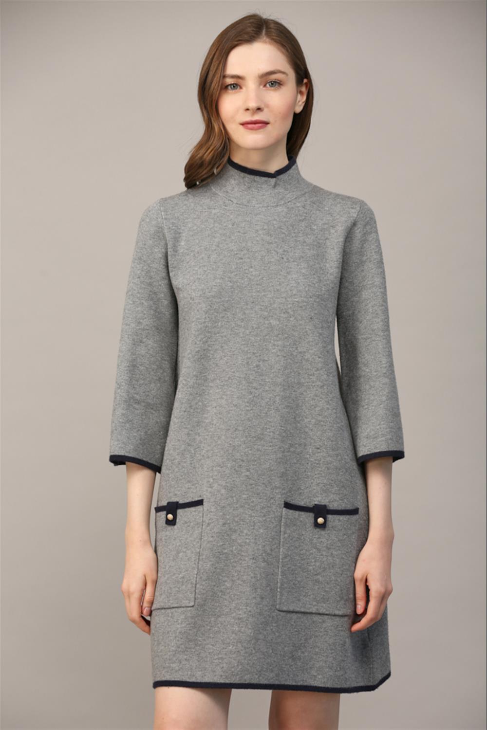 Dress - Mock Neck Sweater Dress - Gray and Navy - Findlay Rowe Designs