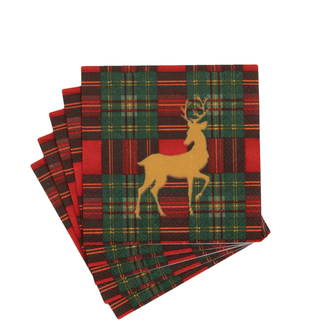 Caspari - Cocktail Napkins - Reindeer Tartan Red