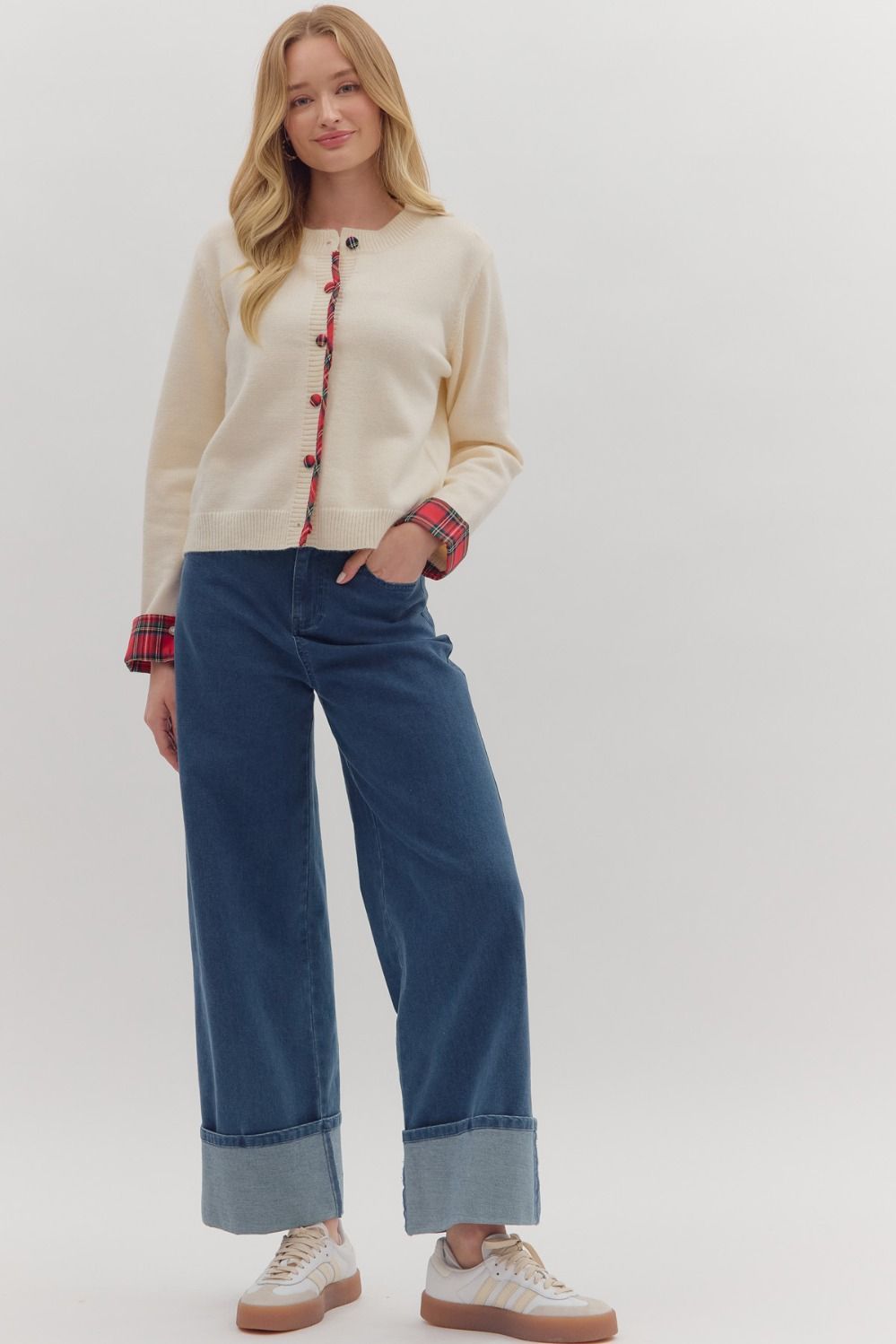 Entro - Cardigan - Plaid Trim - Ivory