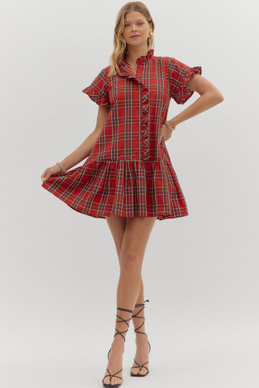 Dress - Plaid Ruffle Mini - Red