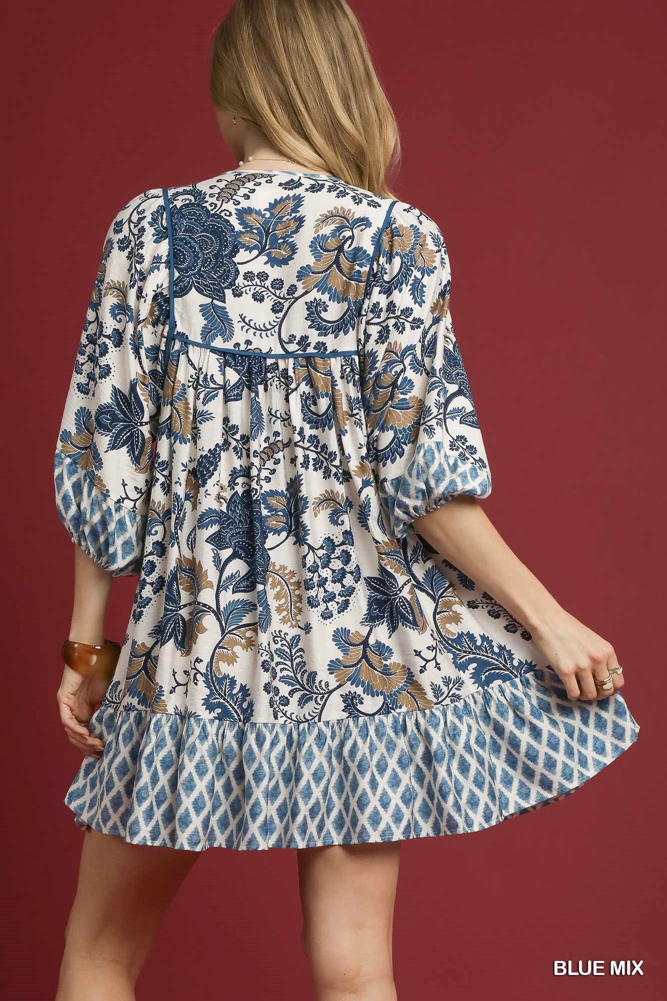 Dress - Mixed Print Mini - Blue Mix