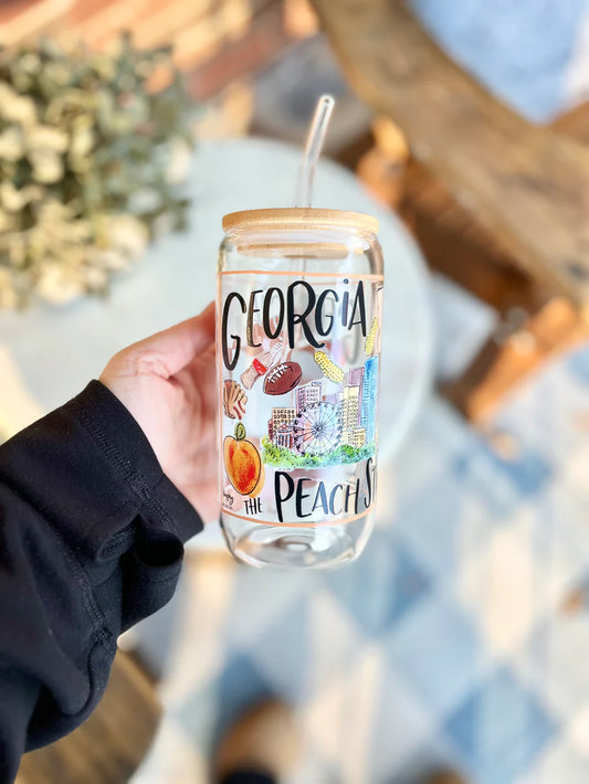 Happy by Rachel - 16 oz Glass Cup Bamboo Lid - State of Georgia - Findlay Rowe Designs