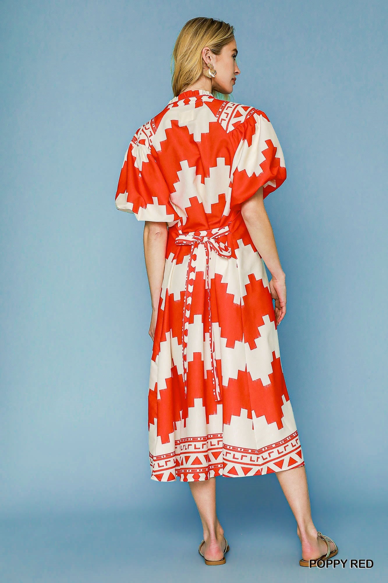 Umgee - Dress - Midi Geometric Print Puff Sleeve - Poppy - Findlay Rowe Designs