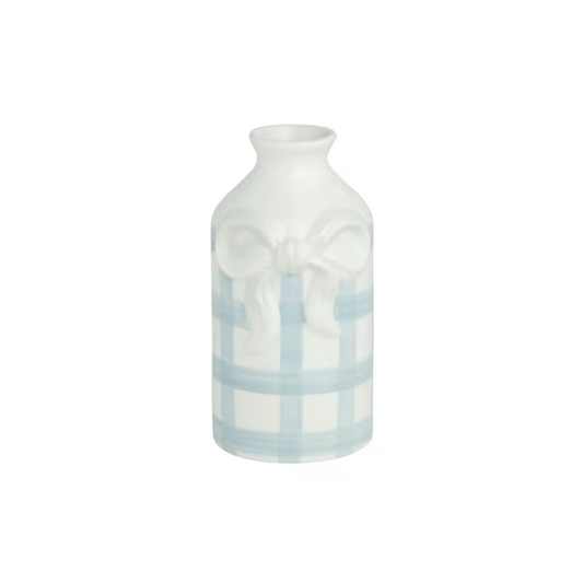 Mud Pie - Bud Vase - Gingham Blue Bow - Medium