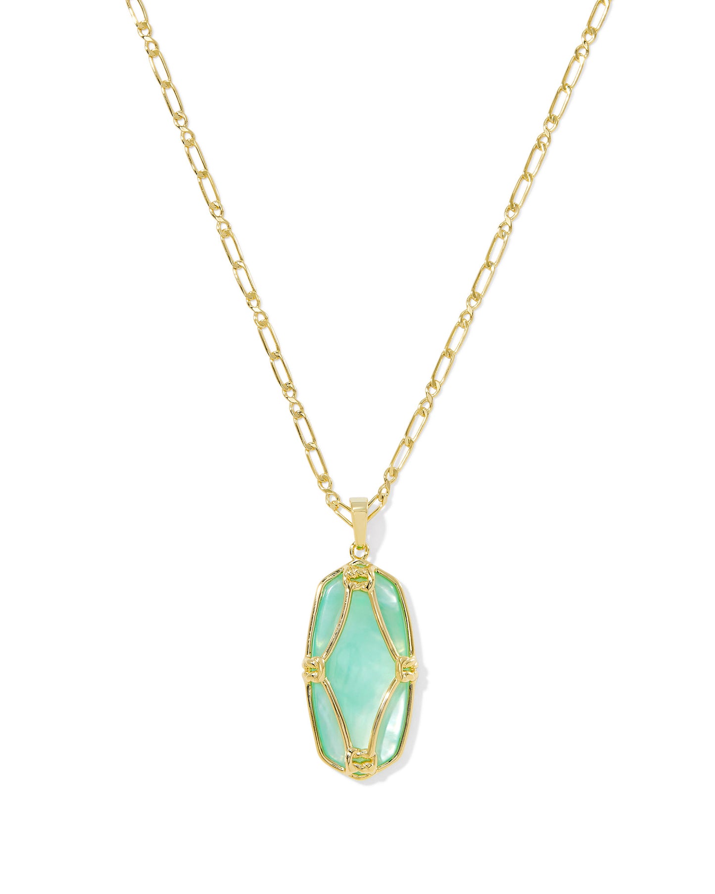 Kendra Scott - Necklace - Elle Lattice Frame Gold Large Long Pendant Necklace -  Light Green  Mother of Pearl - Findlay Rowe Designs