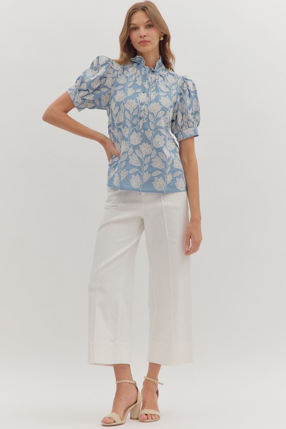 Entro - Top - Botanical Embroidery Puff Sleeve - Chambray - Findlay Rowe Designs
