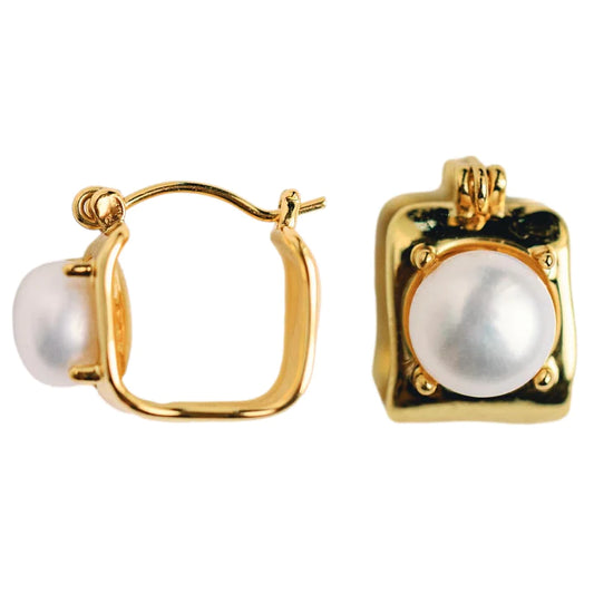 St. Armands - Vintage Mini Square Gold Pearl Huggie Hoop Earrings - Findlay Rowe Designs
