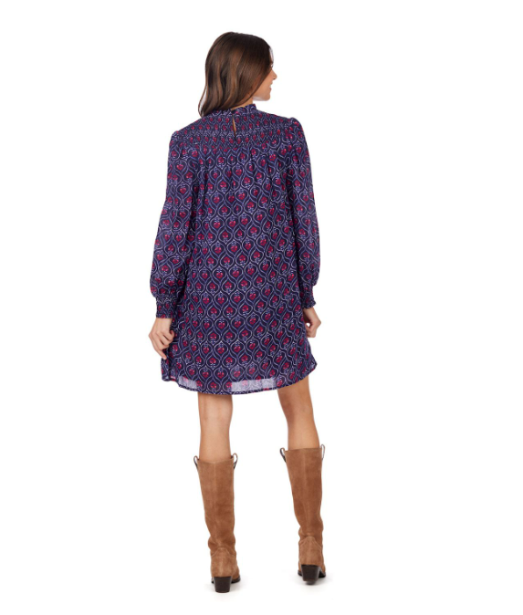 Bennington Smocked Dress - Navy Block Print - Findlay Rowe Designs