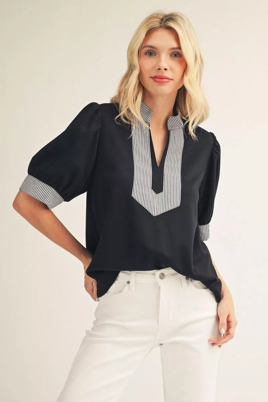 Jodifil - Top - V Neck Stripe Contrast - Black - Findlay Rowe Designs