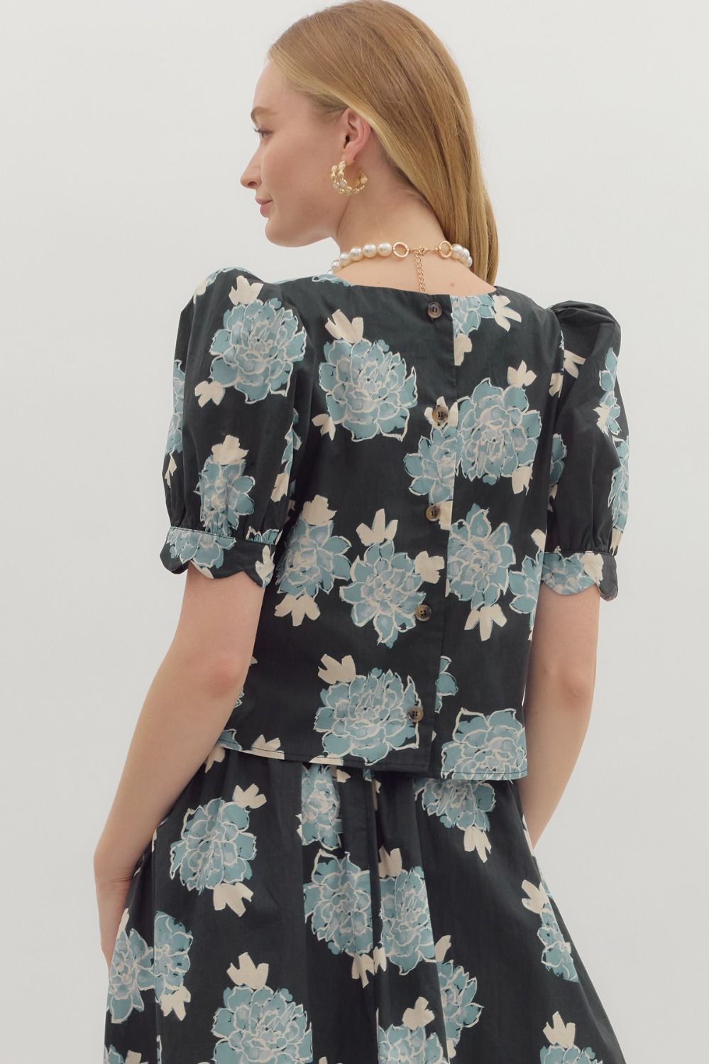 Top - Floral Print Puff Shoulder - Black - Findlay Rowe Designs