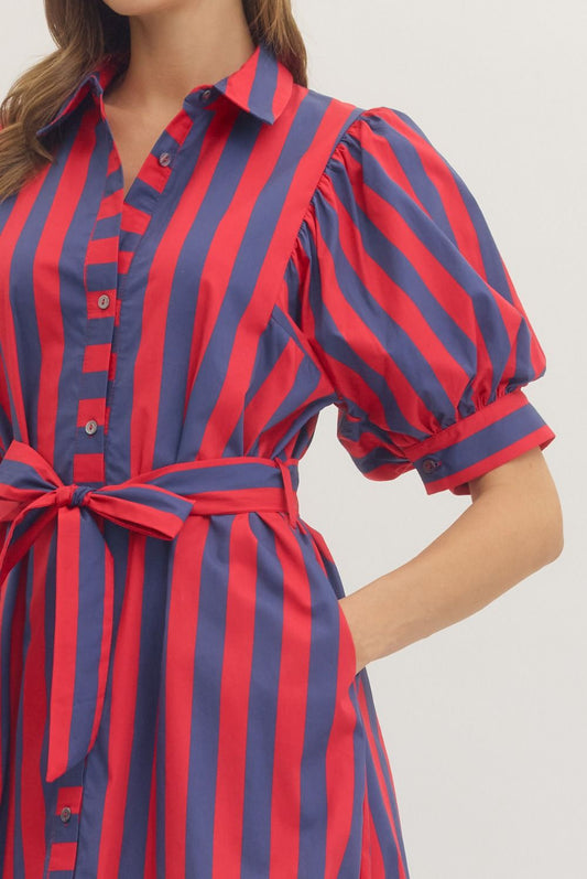 Entro - Dress - Midi Button-down Striped - Red Navy - Findlay Rowe Designs