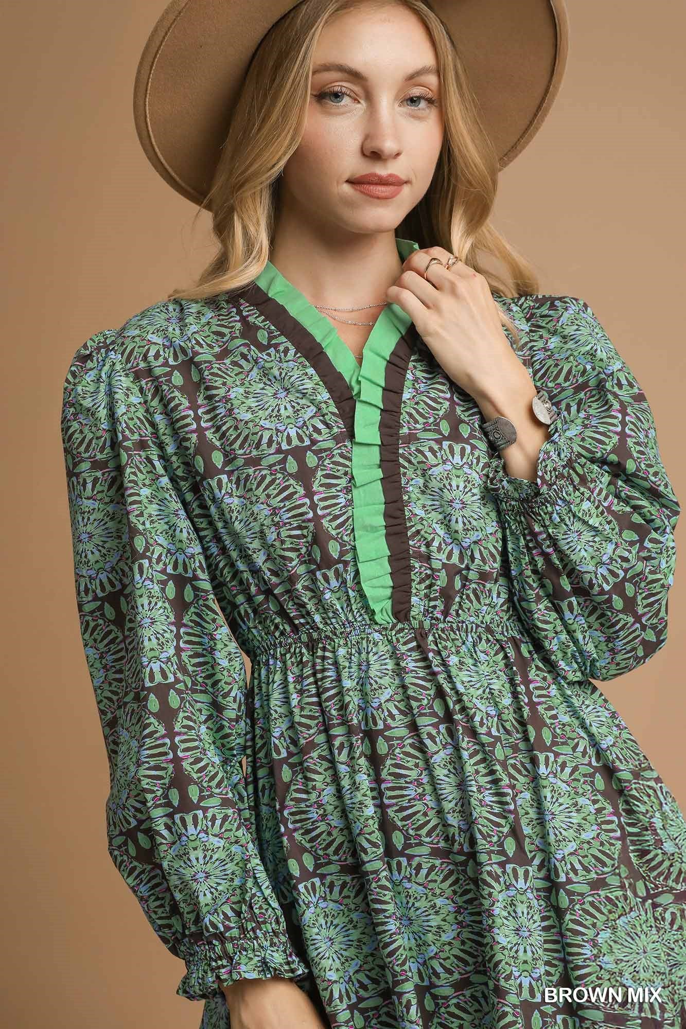 Umgee - Dress - Two Tone Boho Print Long Sleeve - Brown Mint - Findlay Rowe Designs