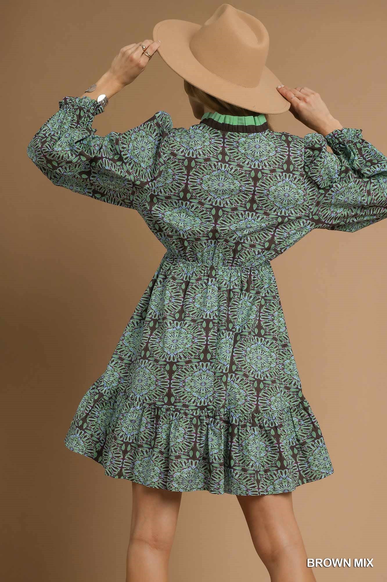 Umgee - Dress - Two Tone Boho Print Long Sleeve - Brown Mint - Findlay Rowe Designs