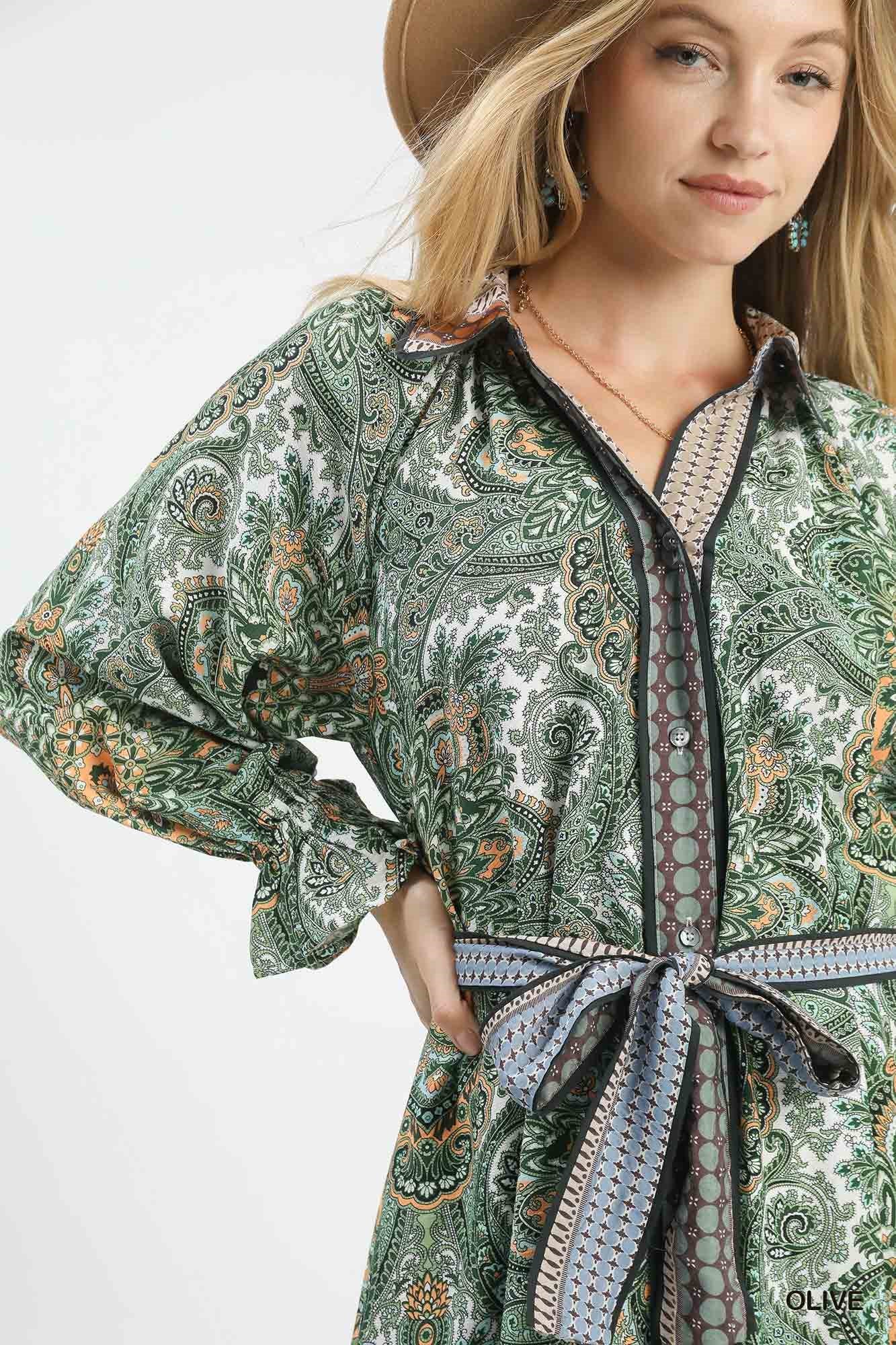 Umgee - Dress - Paisley Mixed Print Belted Midi Shirt - Olive