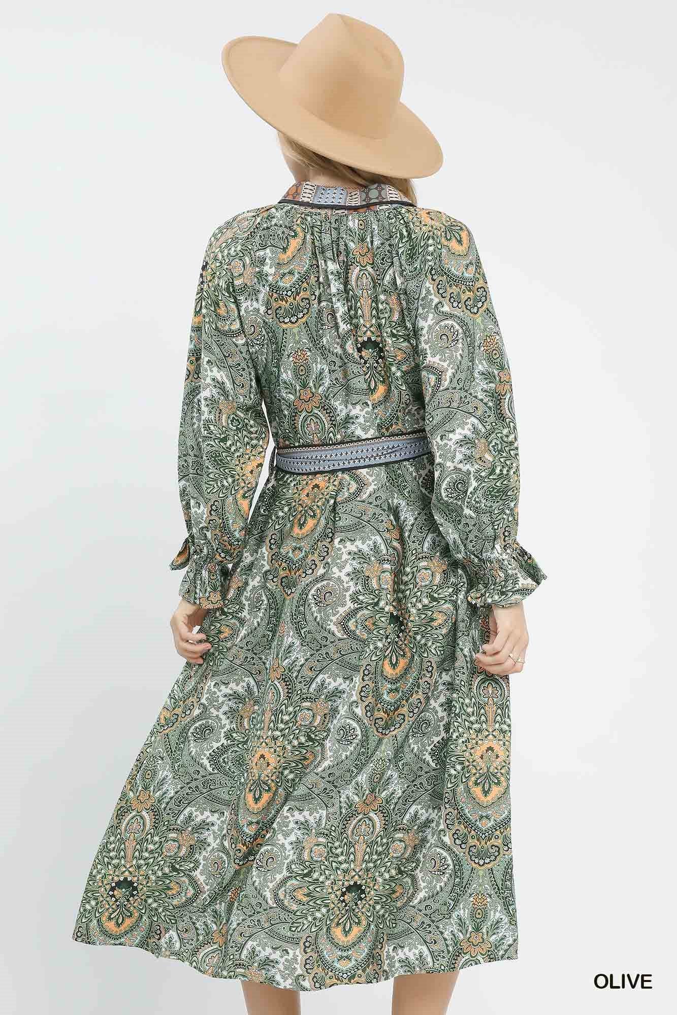 Umgee - Dress - Paisley Mixed Print Belted Midi Shirt - Olive