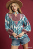 Umgee - Top - Ikat Print Boho Blouse - Slate Blue