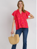 Umgee- Orange Two Tone Abstract Print Top with Ruffle Sleeve and Ruffle Neck