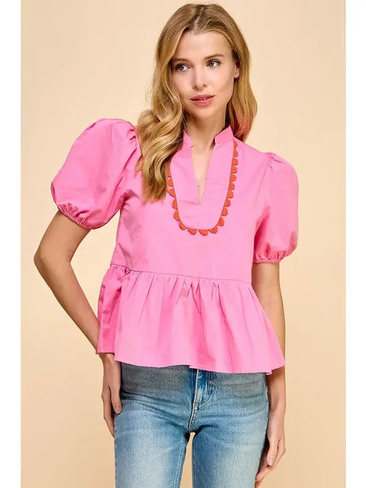 Pink V-Neck Puff Sleeve Top - Findlay Rowe Designs