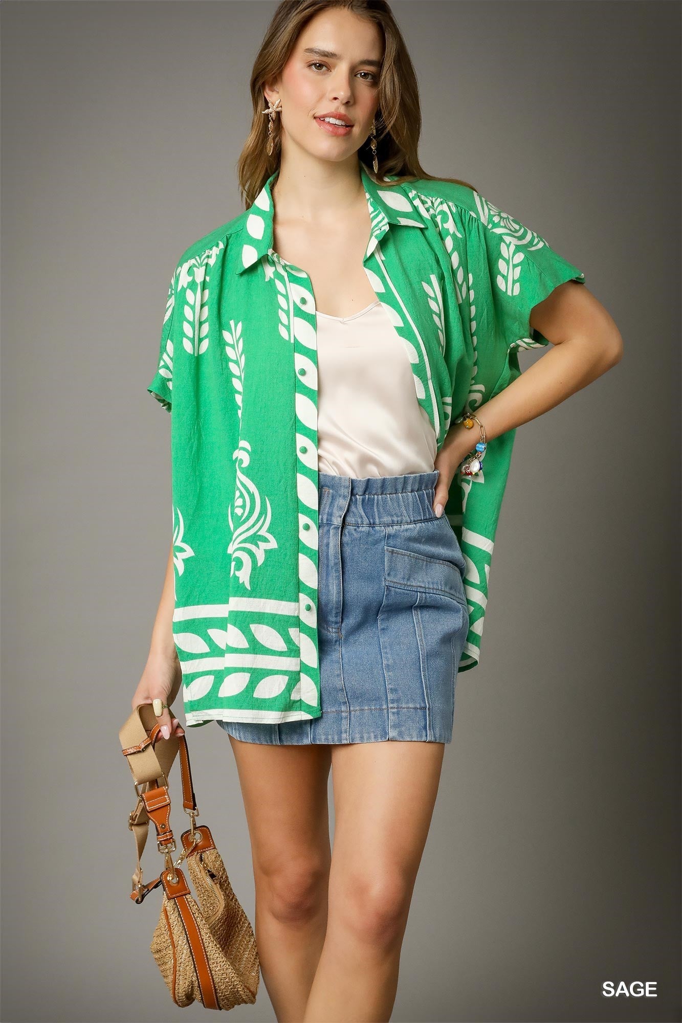Umgee - Top - Bold Print Oversized Button-Up Shirt - Cobalt