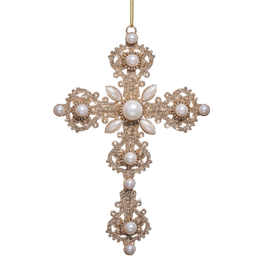 Ornament - 6.5" Glitter and Pearl Cross